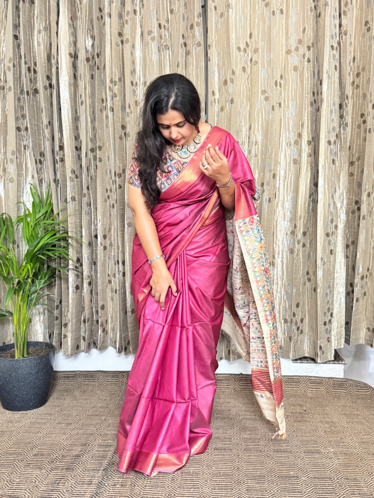 Burnt Pink Pure Tussar Moonga Silk Madhubani Handpainted Saree
