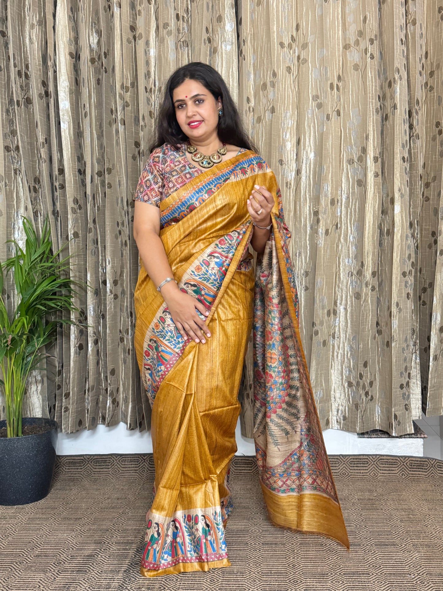 Yellow Tussar Ghicha Madhubani Silk Saree (BLOUSE)
