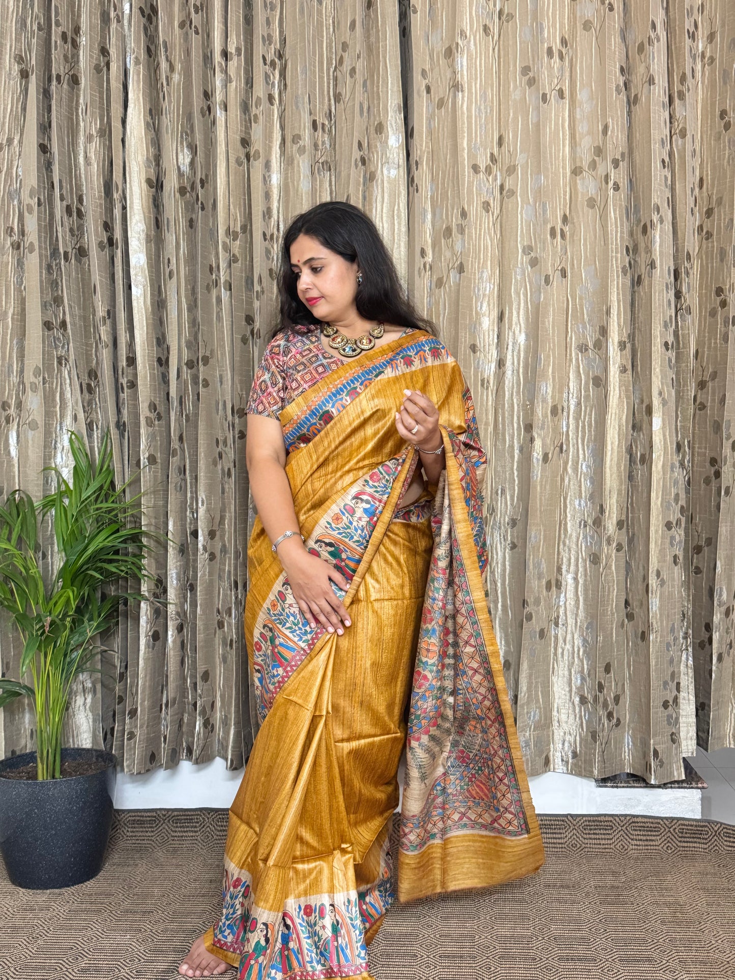 Yellow Tussar Ghicha Madhubani Silk Saree (BLOUSE)