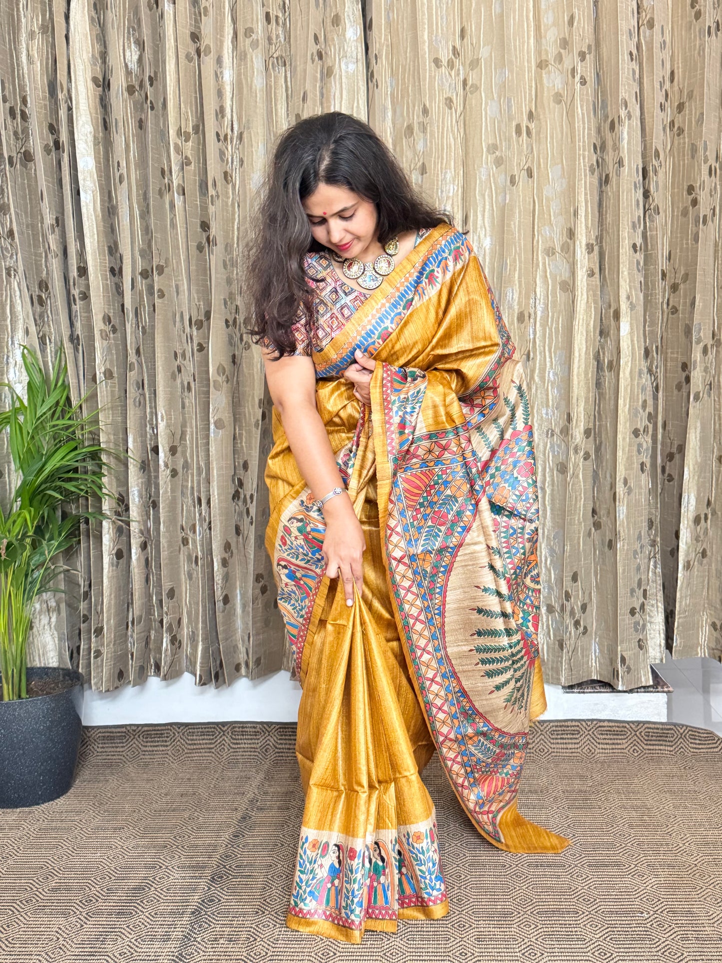 Yellow Tussar Ghicha Madhubani Silk Saree (BLOUSE)