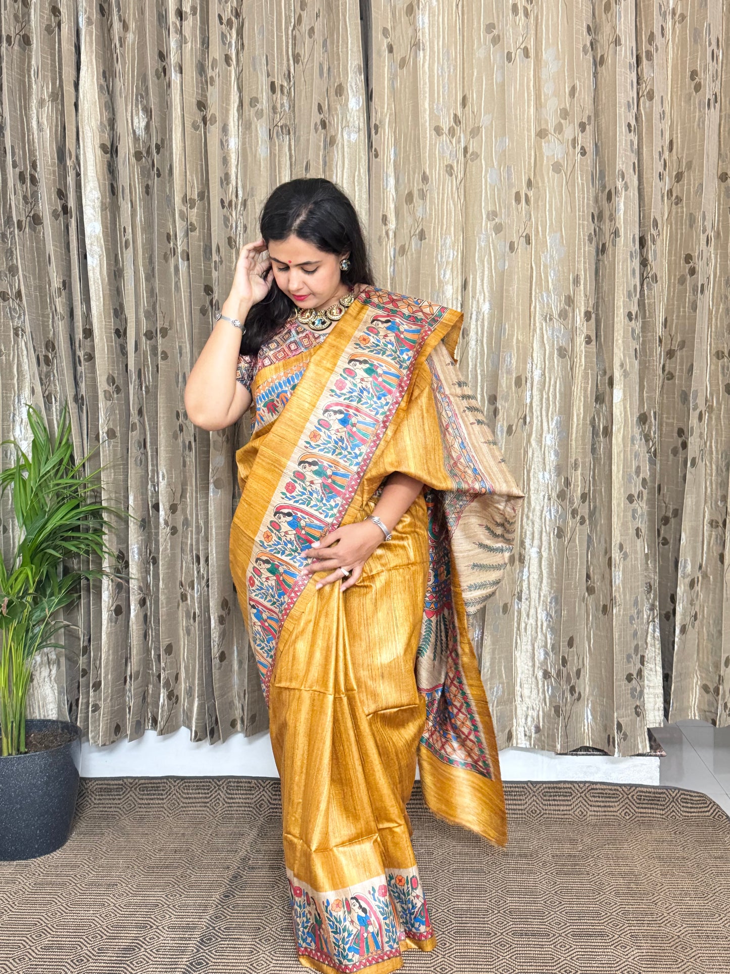 Yellow Tussar Ghicha Madhubani Silk Saree (BLOUSE)