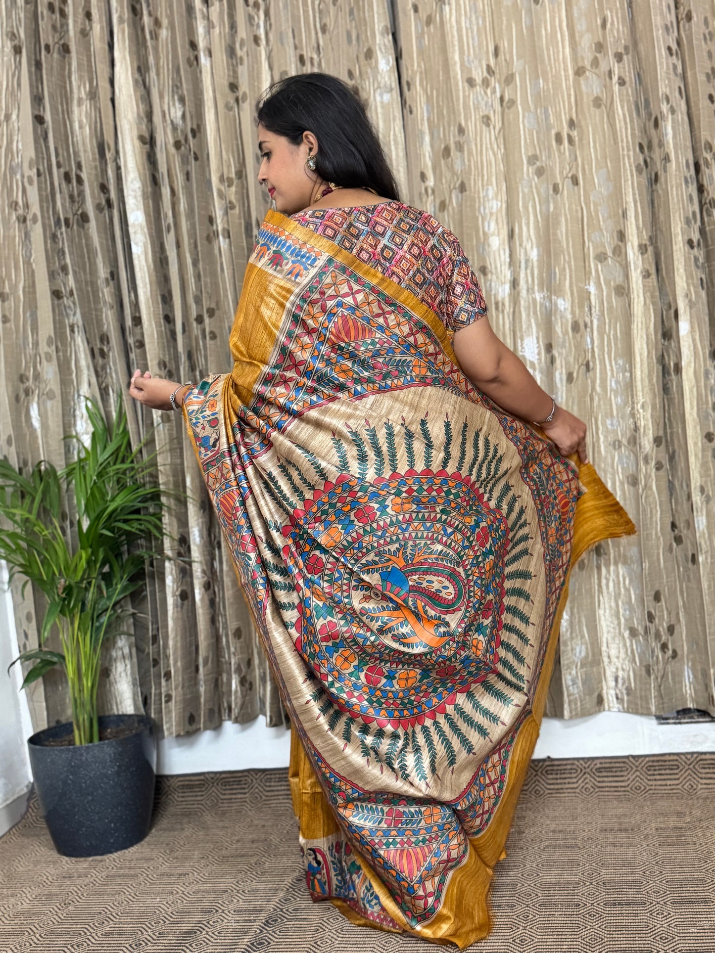 Yellow Tussar Ghicha Madhubani Silk Saree (BLOUSE)
