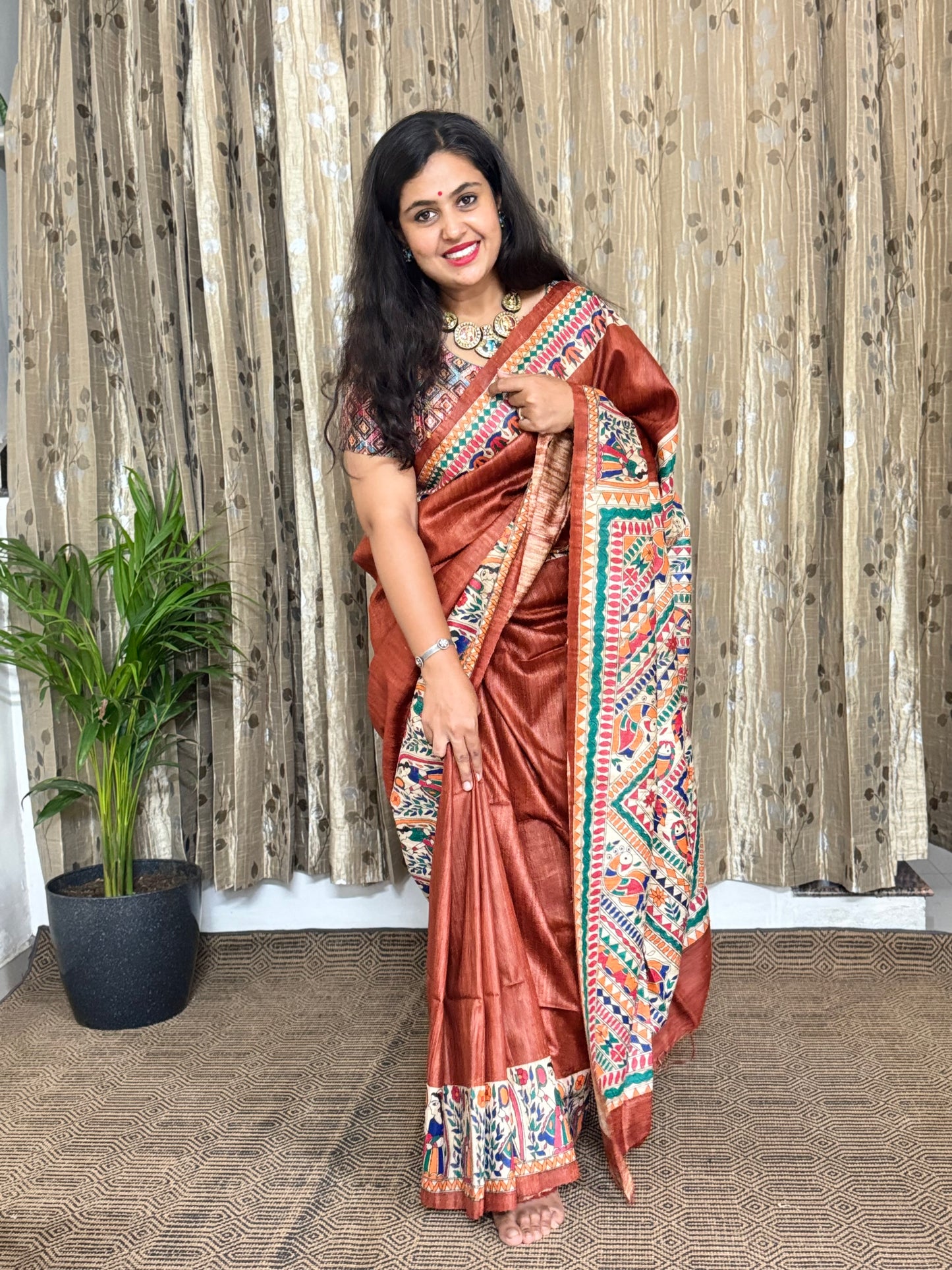 Brown Pure Tussar Ghicha Madhubani Silk Saree