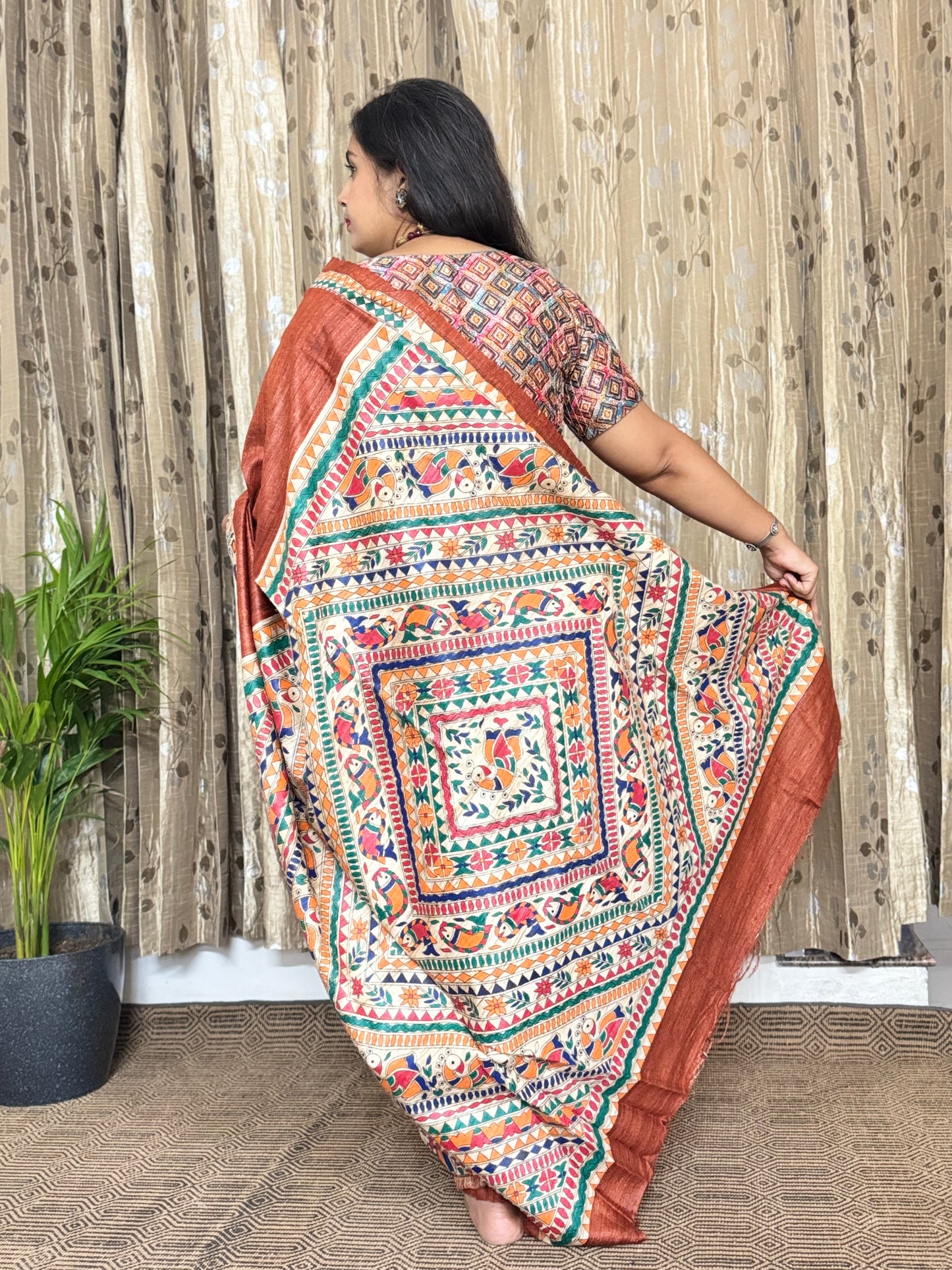 Brown Pure Tussar Ghicha Madhubani Silk Saree