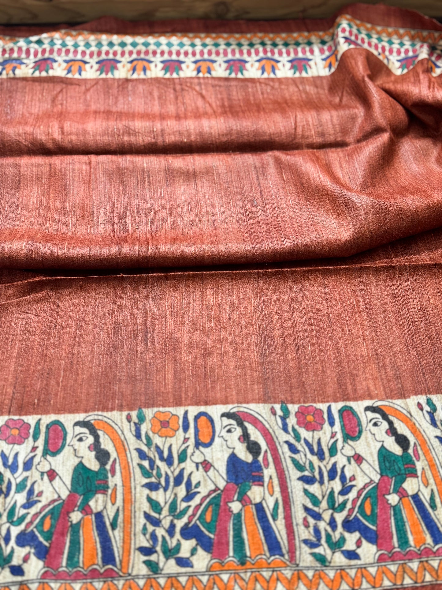 Brown Pure Tussar Ghicha Madhubani Silk Saree