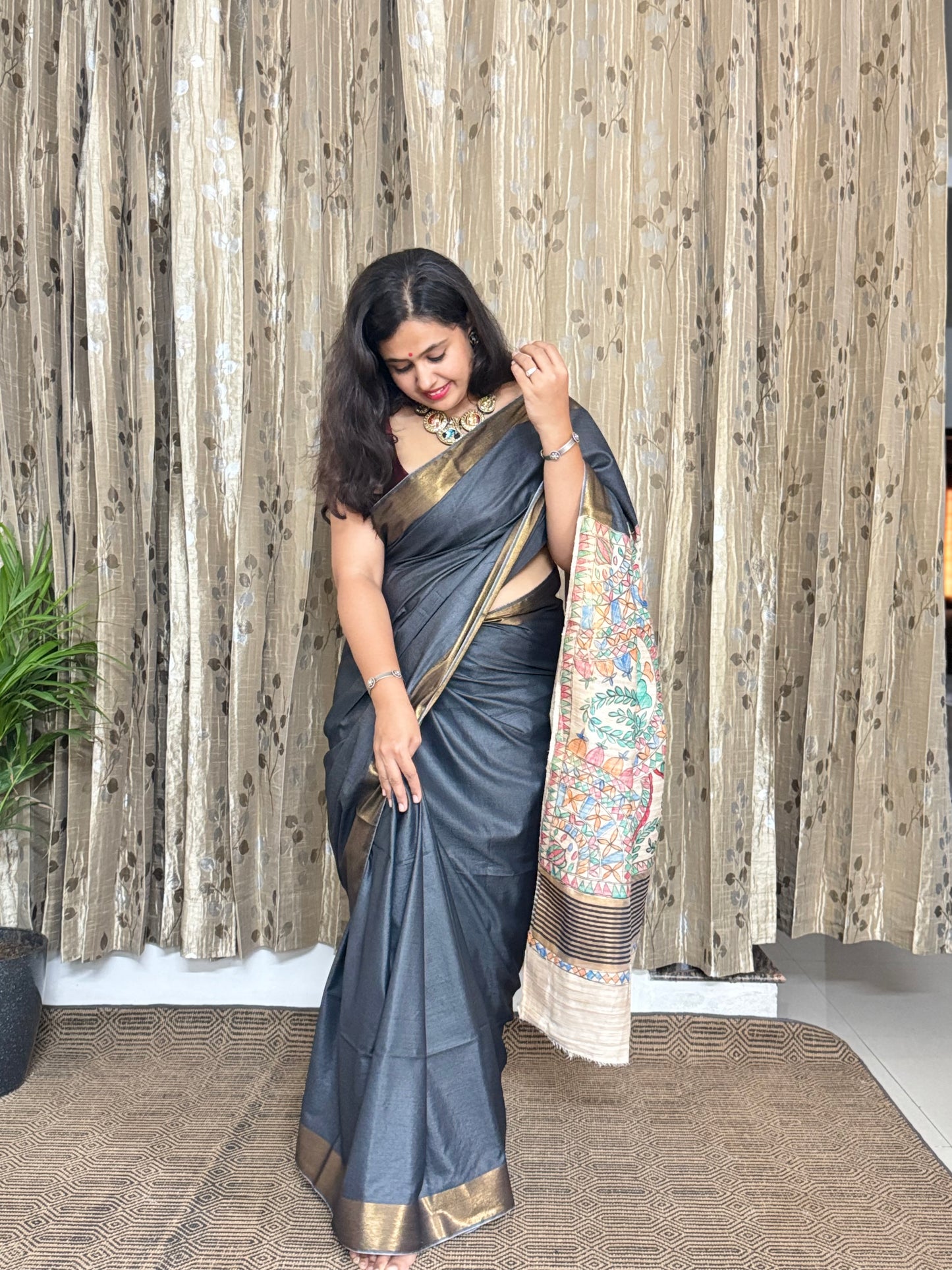 Charcoal Black Tussar Moonga Madhubani Silk Saree
