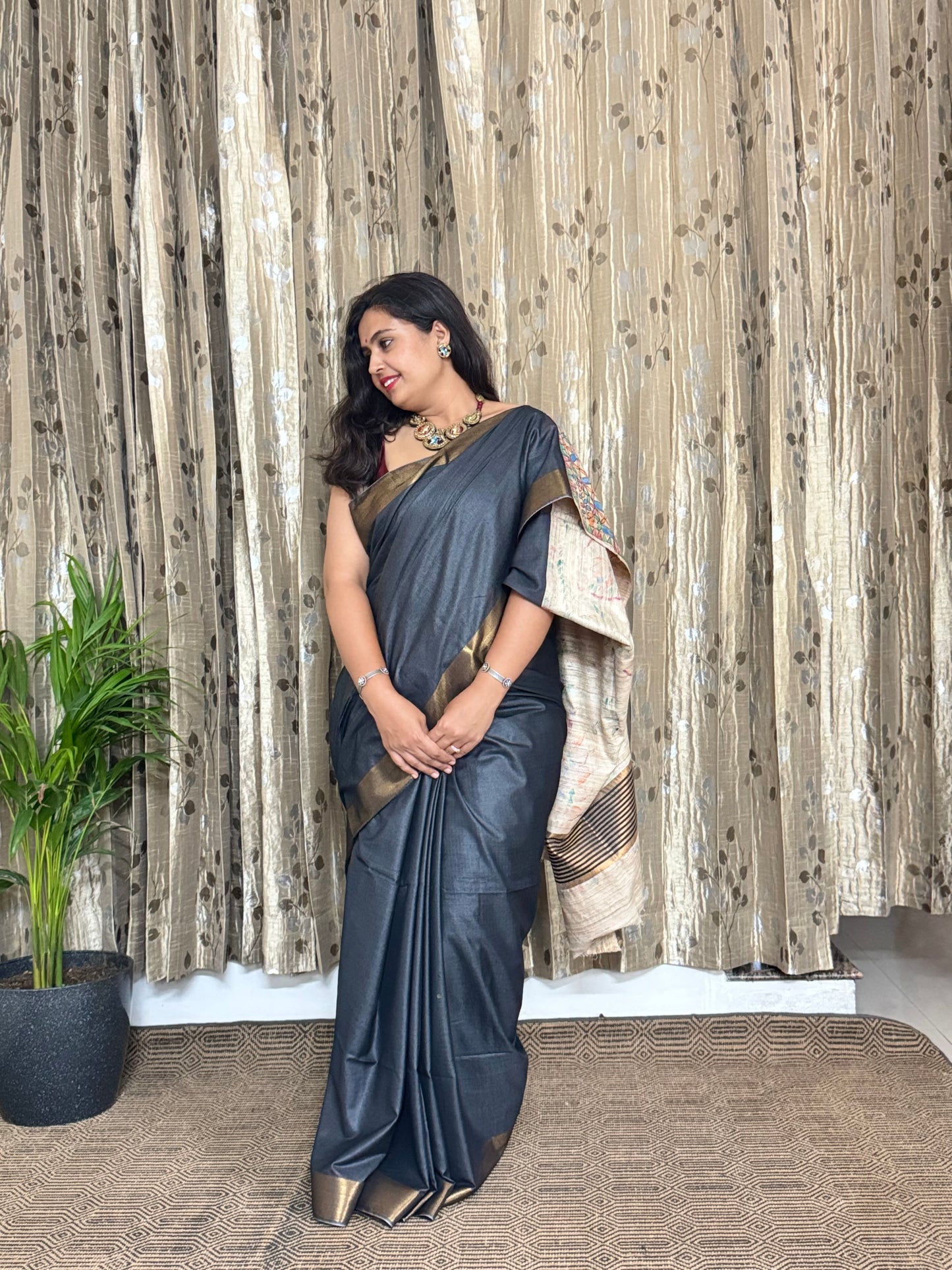Charcoal Black Tussar Moonga Madhubani Silk Saree