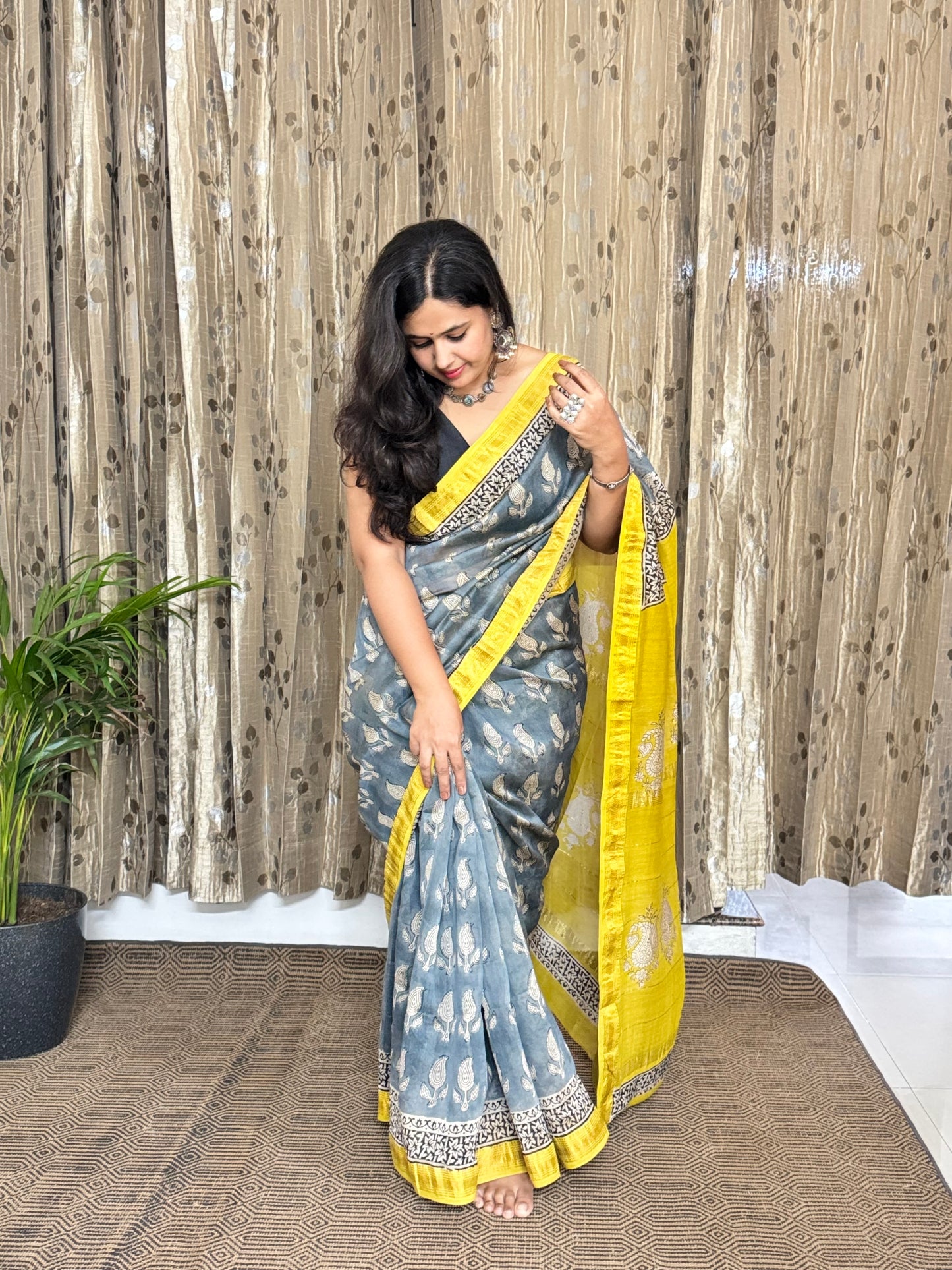 Ice Blue and Yellow Maheshwari Cotton Zari Saree