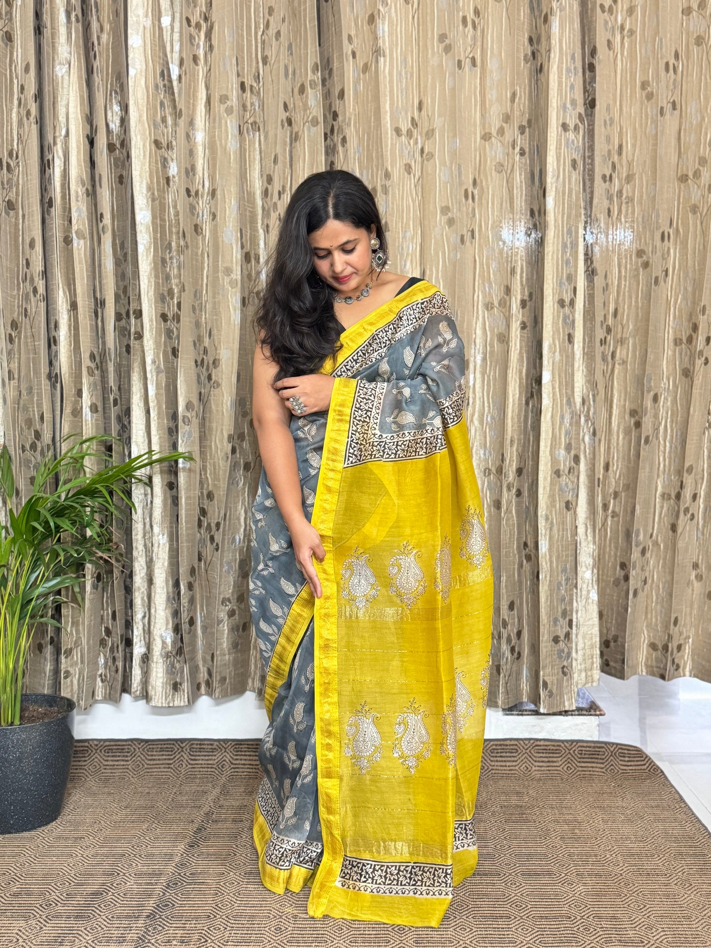 Ice Blue and Yellow Maheshwari Cotton Zari Saree