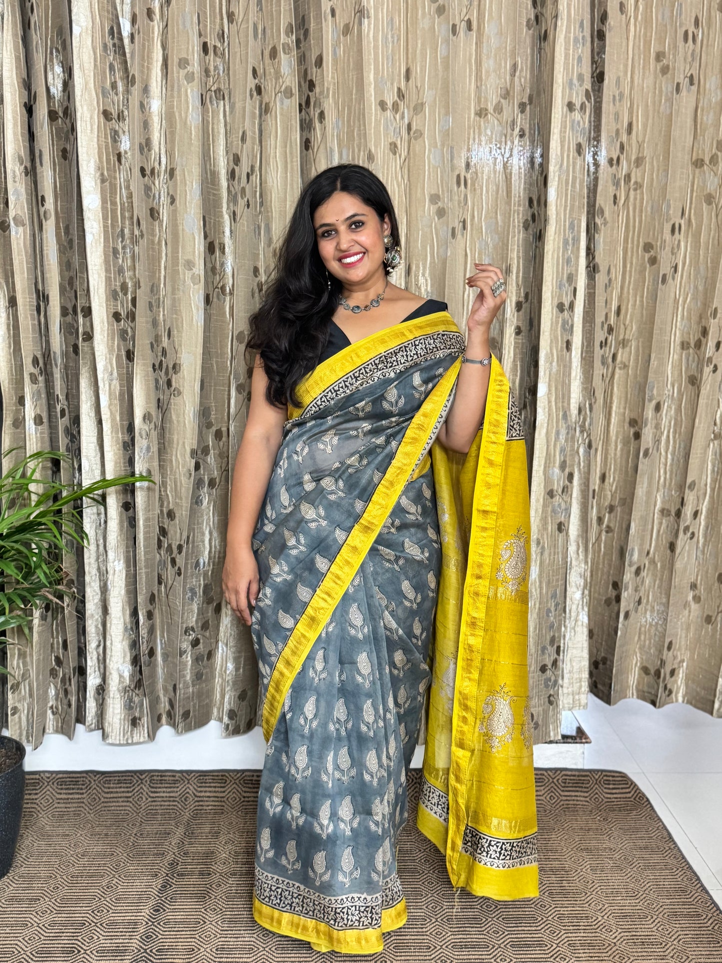 Ice Blue and Yellow Maheshwari Cotton Zari Saree