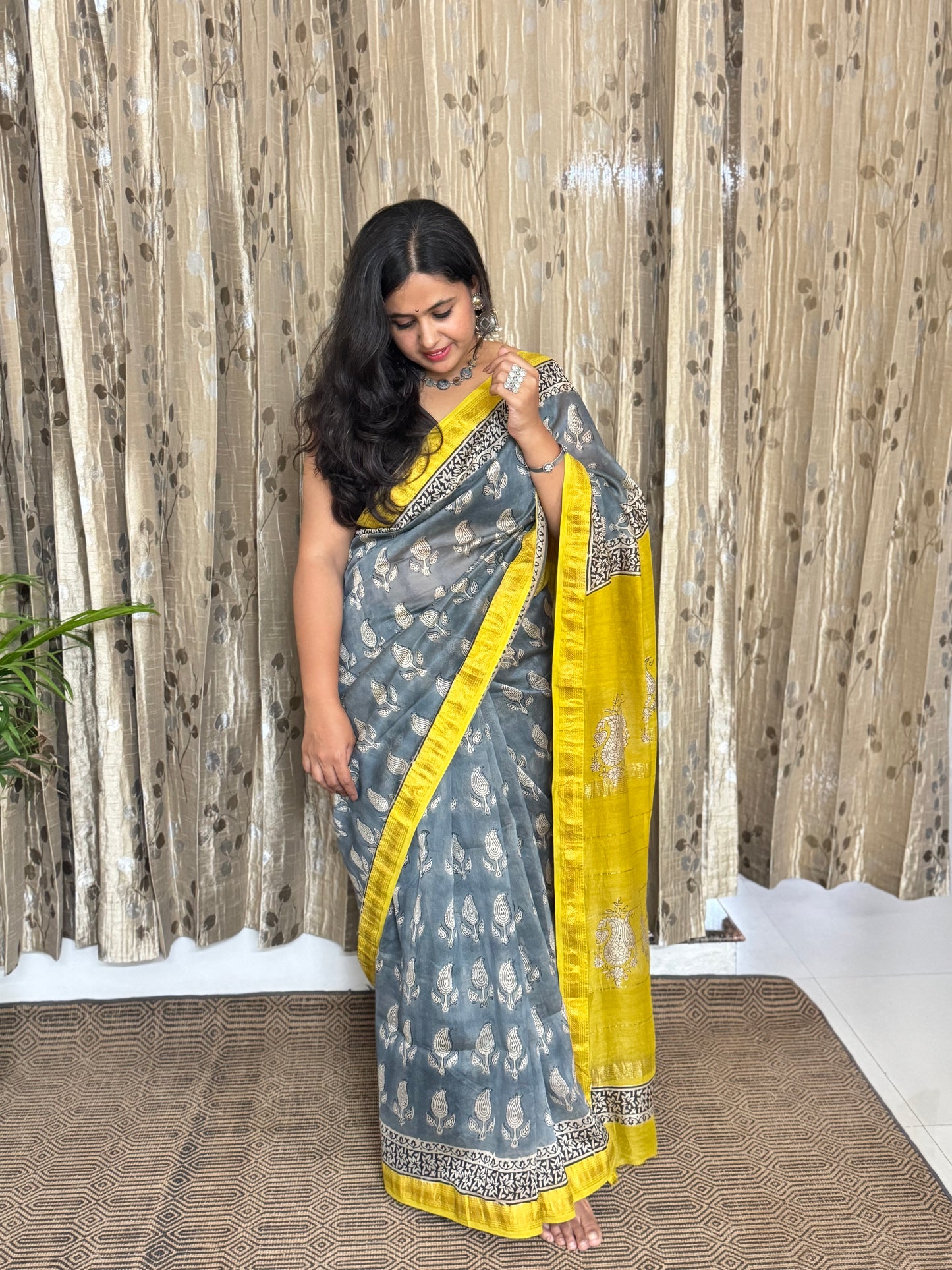 Ice Blue and Yellow Maheshwari Cotton Zari Saree