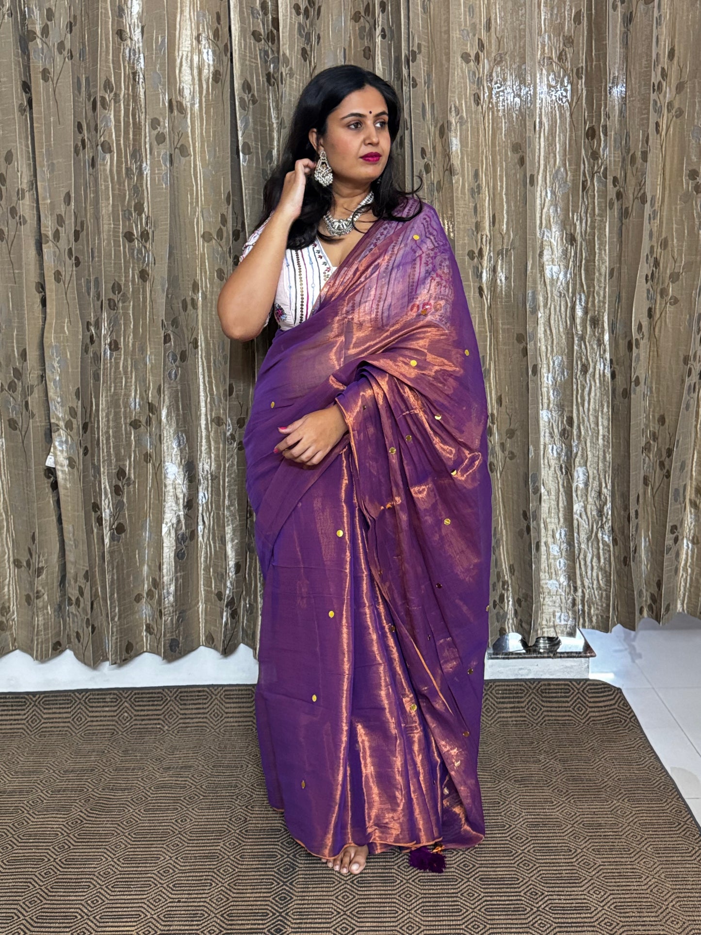 Purple Shimmer Tissue Saree With Chumki
