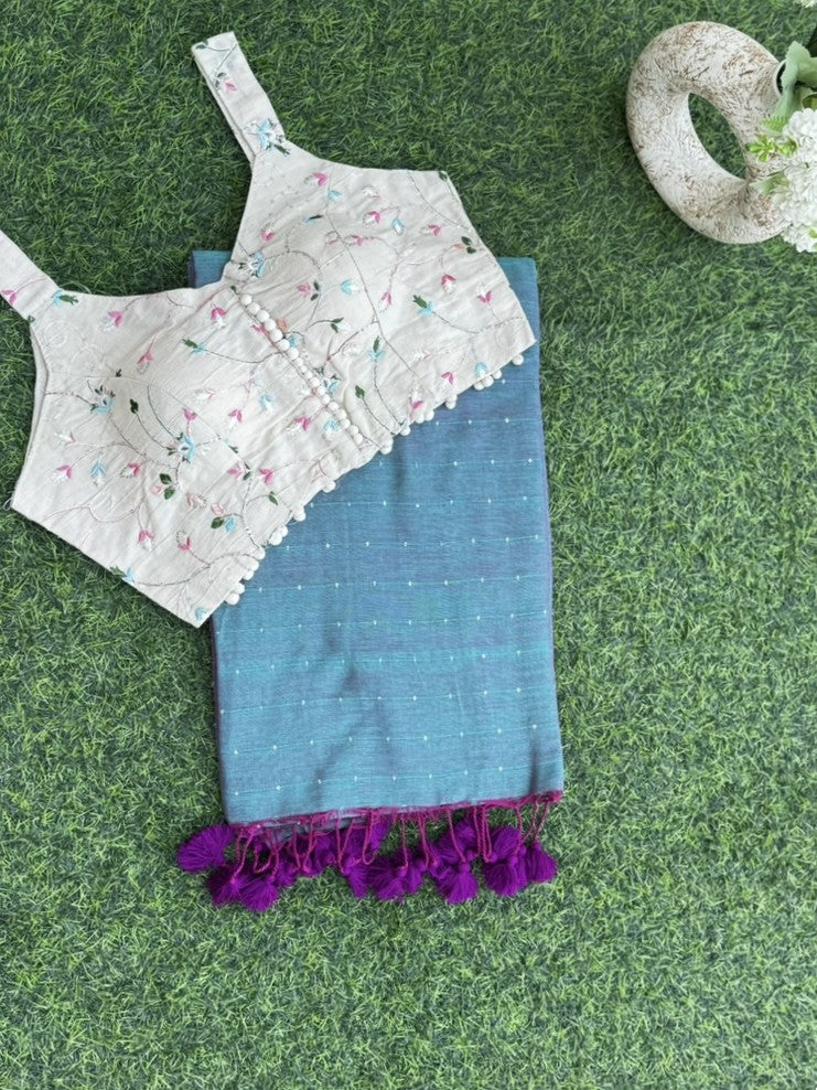 Teal Sequin Mul Cotton Saree + khadi Cotton Blouse