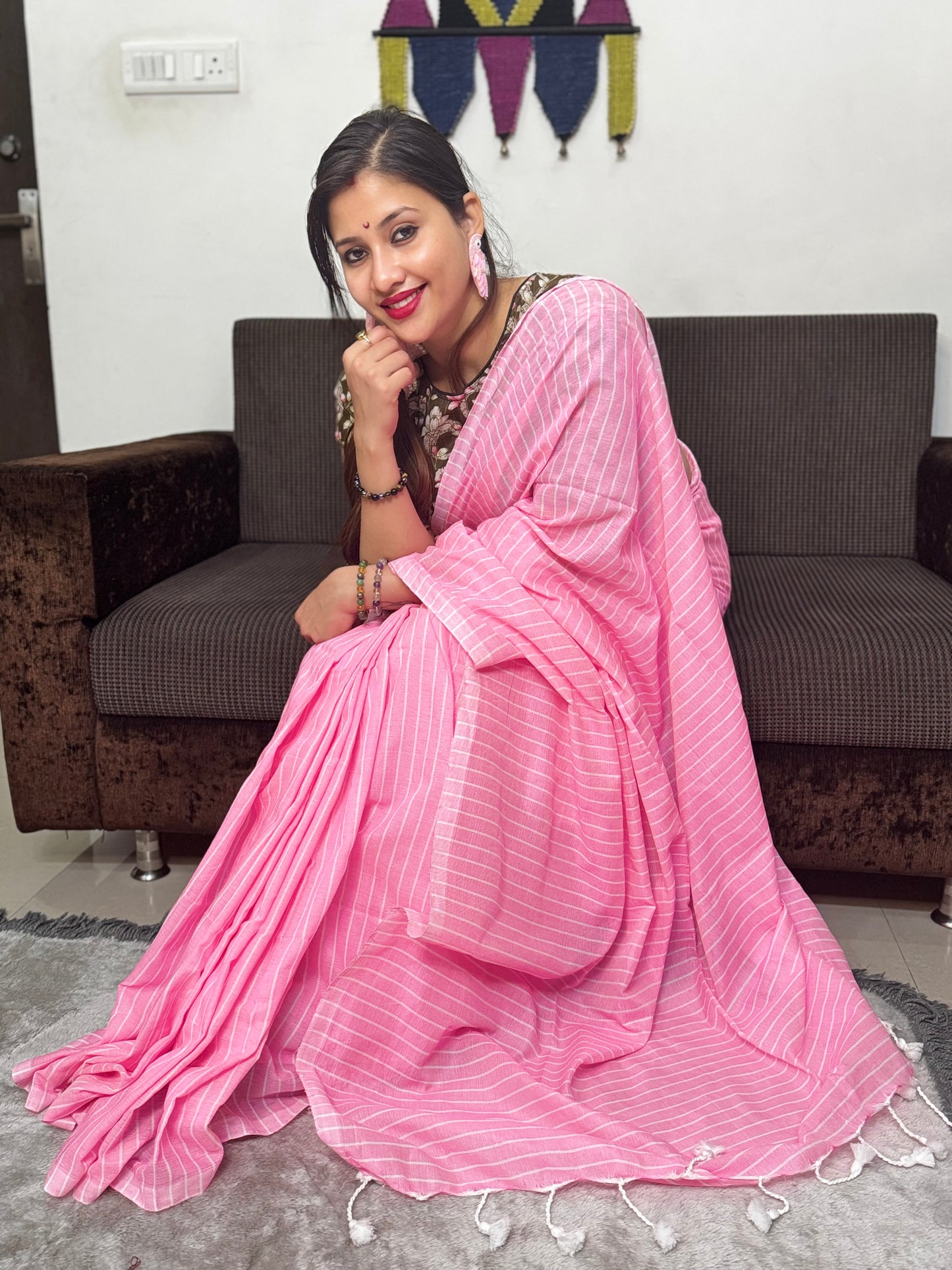 Pink Striped Cotton Saree