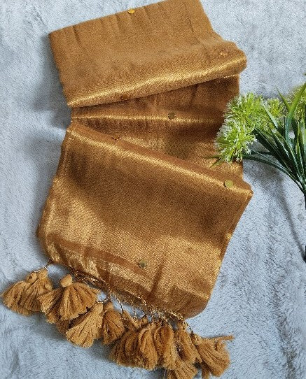 Golden Shimmer Tissue Saree With Chumki