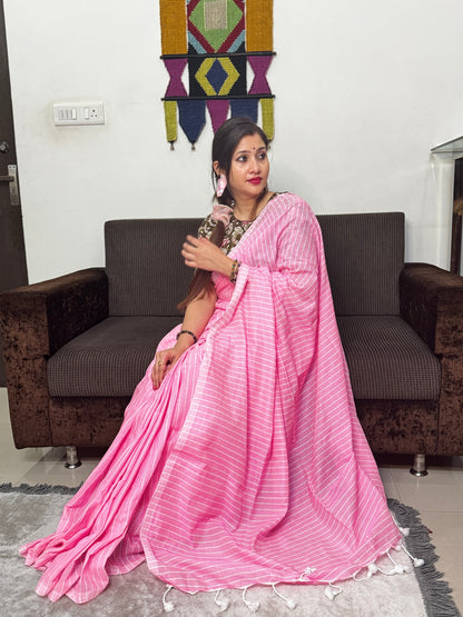 Pink Striped Cotton Saree