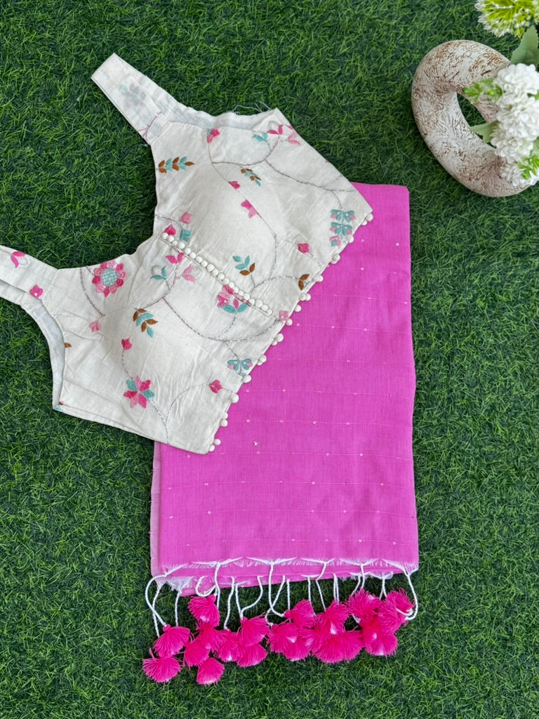 Pink Sequin Mul Cotton Saree + khadi Cotton Blouse