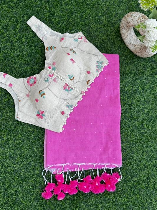 Pink Sequin Mul Cotton Saree + khadi Cotton Blouse