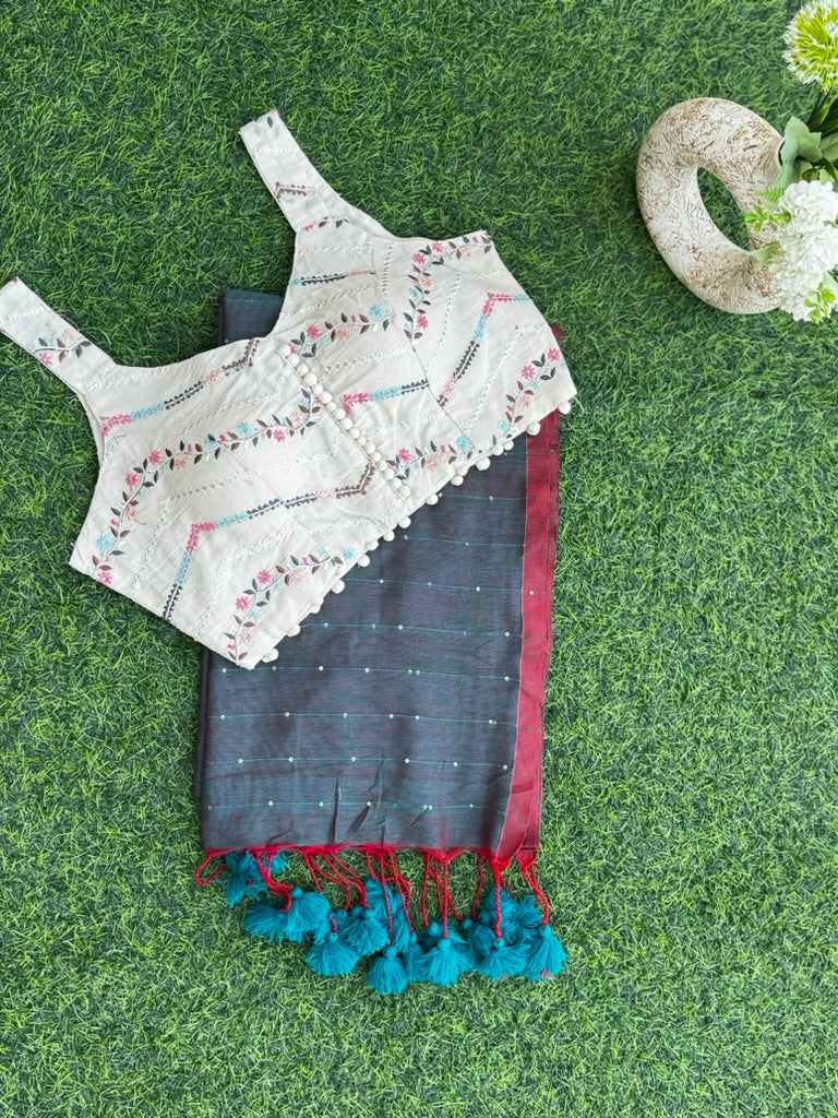 Greyish green  Sequin Mul Cotton Saree + khadi Cotton Blouse