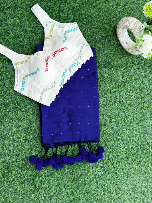 Blue Sequin Mul Cotton Saree + khadi Cotton Blouse
