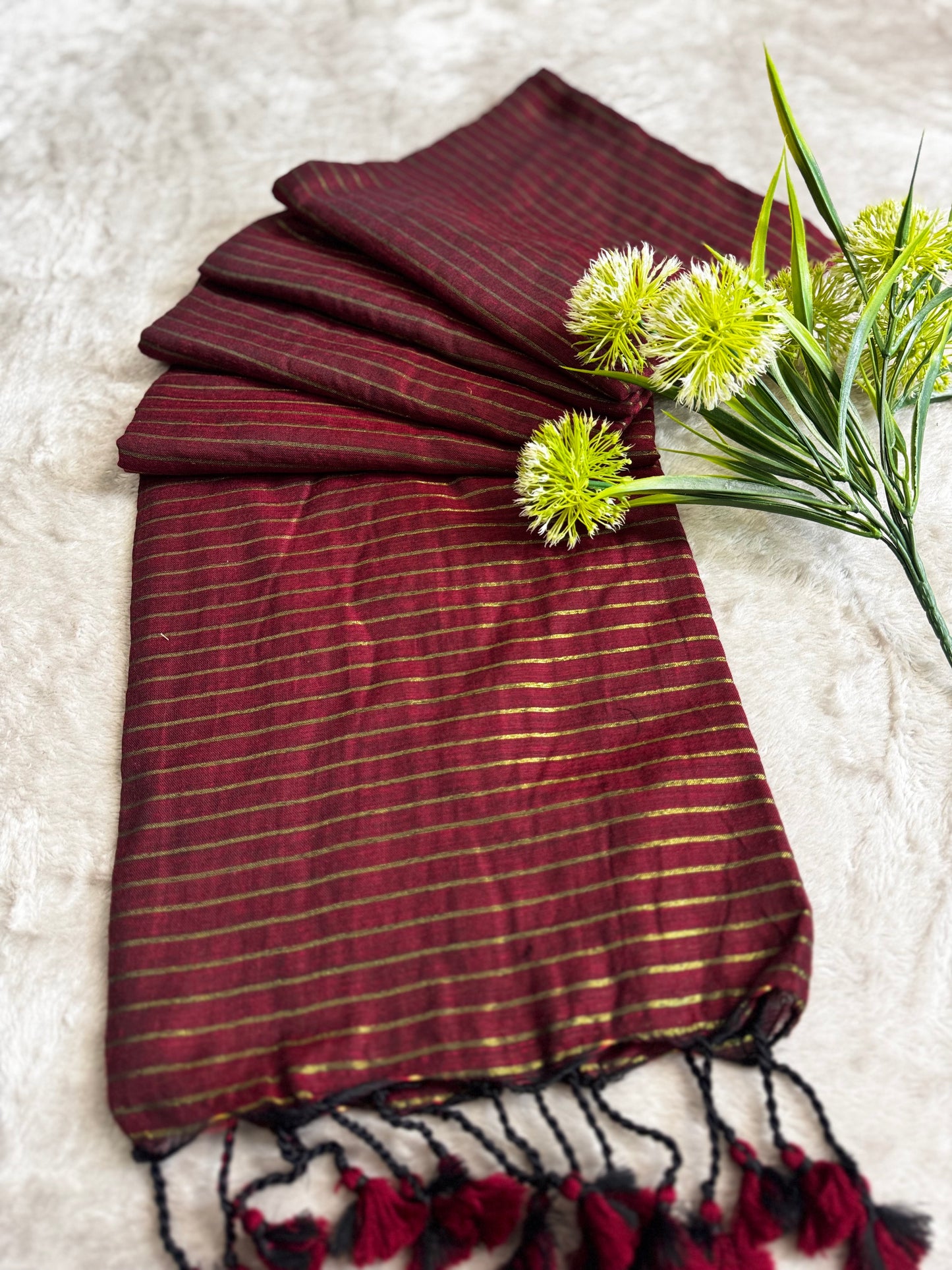 Maroon Striped Cotton Saree
