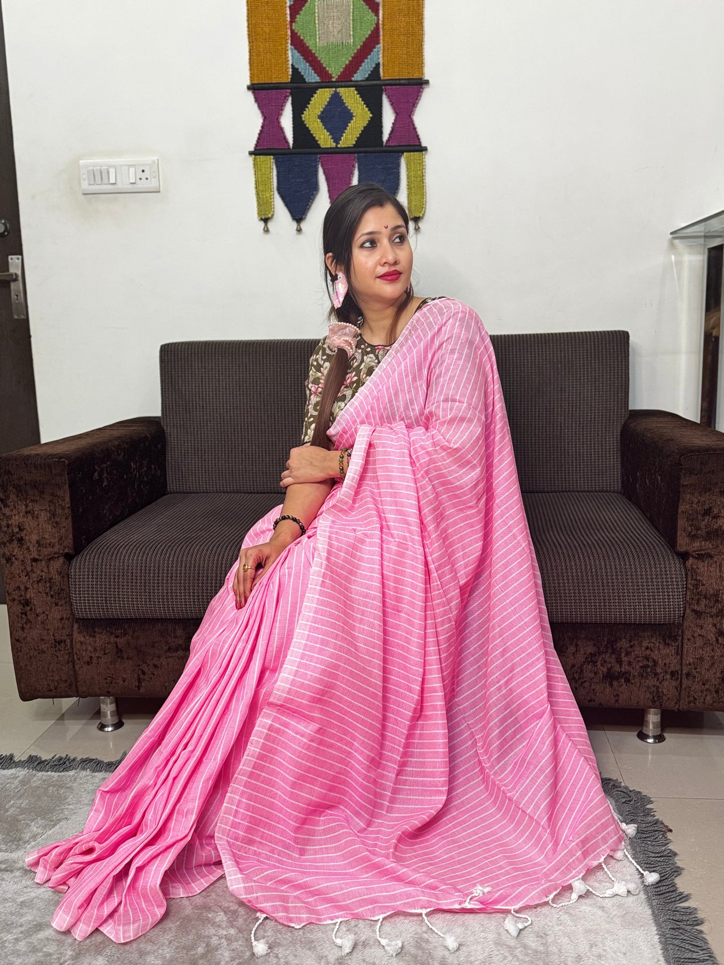 Pink Striped Cotton Saree