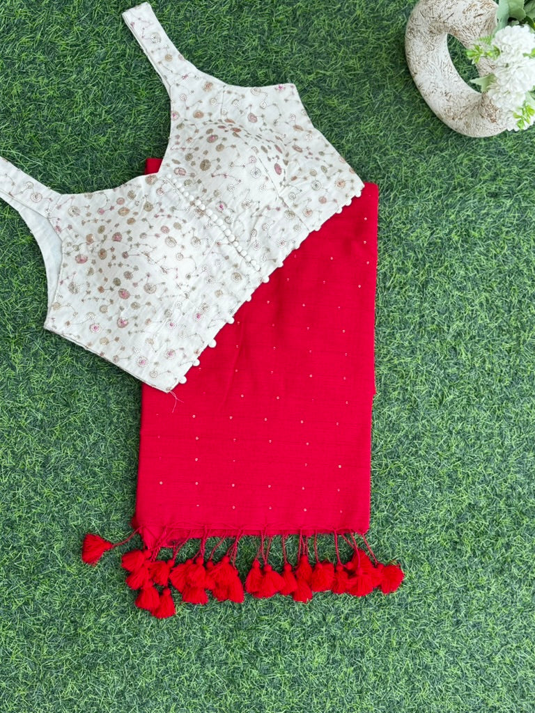 Red Sequin Mul Cotton Saree + khadi Cotton Blouse