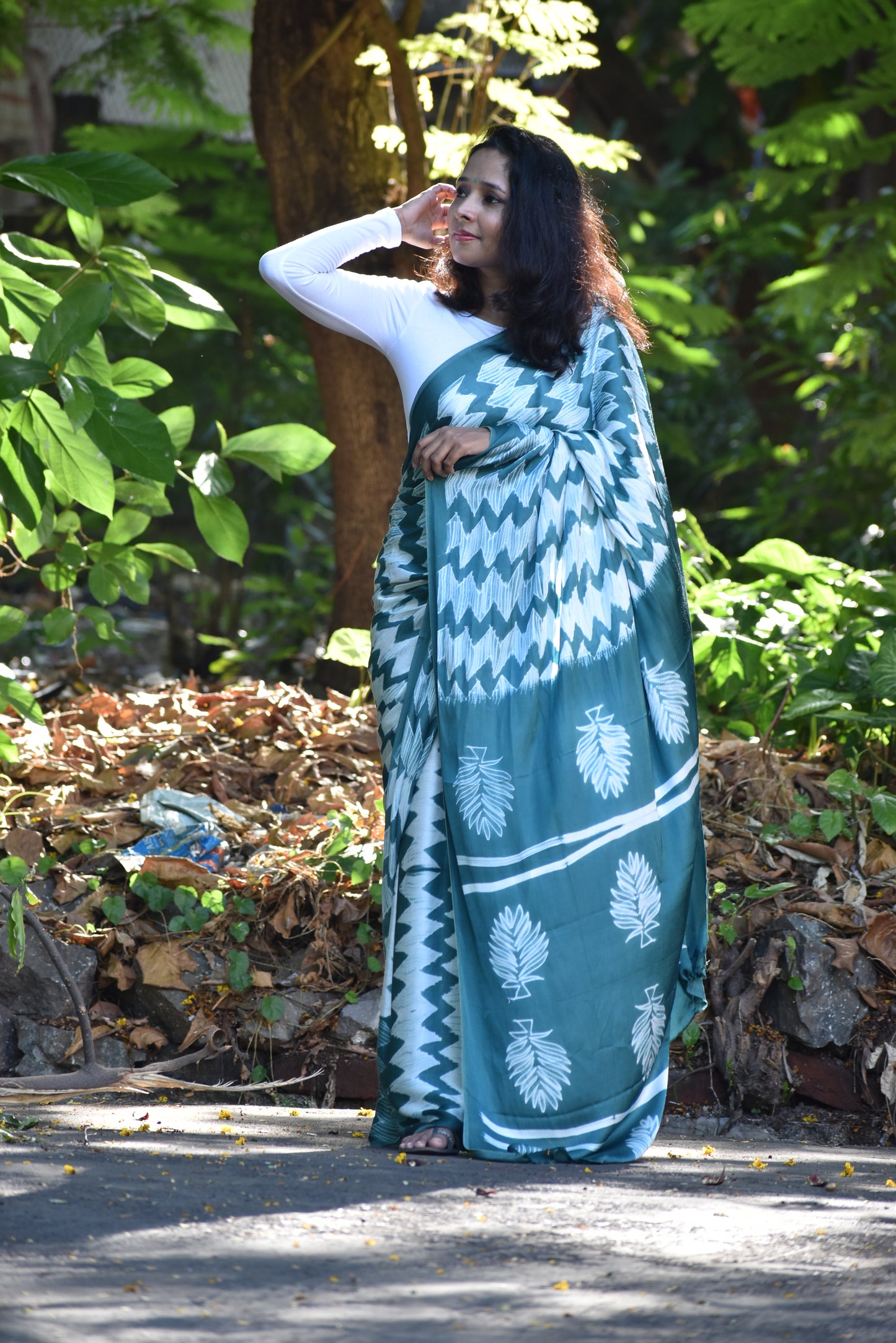 Green and White Modal Silk Saree