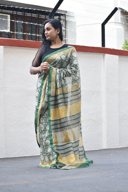 Green Chanderi Silk Cotton Saree (Blouse)