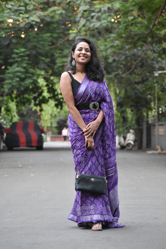 Purple Linen Cotton Zari Saree