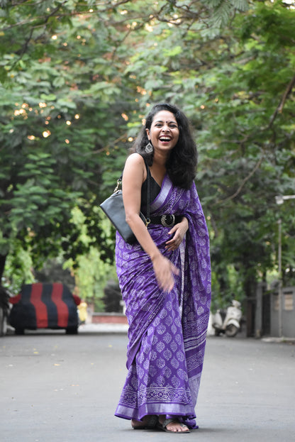 Purple Linen Cotton Zari Saree