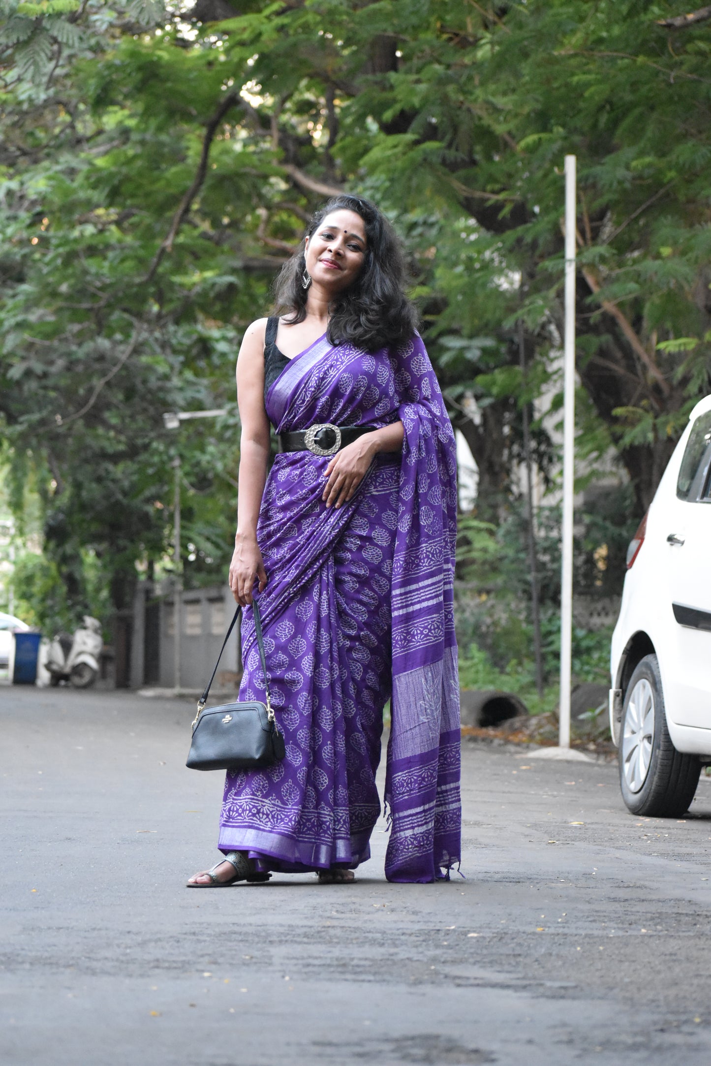 Purple Linen Cotton Zari Saree