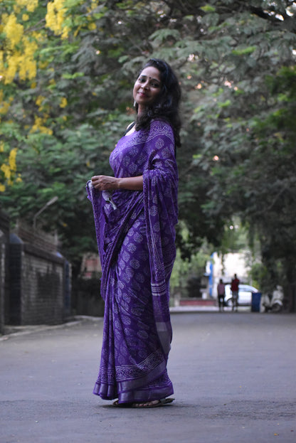 Purple Linen Cotton Zari Saree