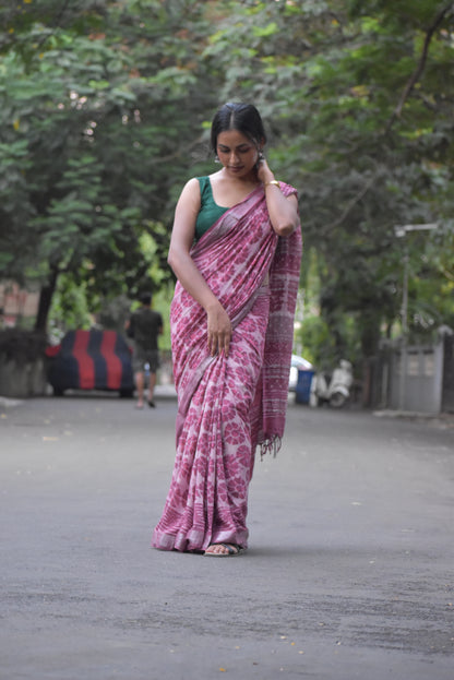 Pink Linen Cotton Zari Saree