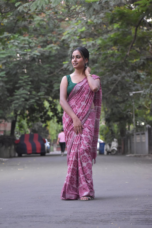 Pink Linen Cotton Zari Saree