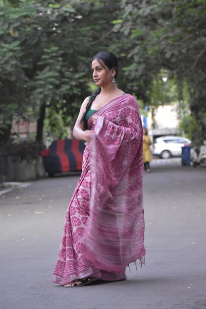 Pink Linen Cotton Zari Saree
