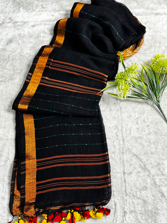 Black Linen Zari Saree with sequin