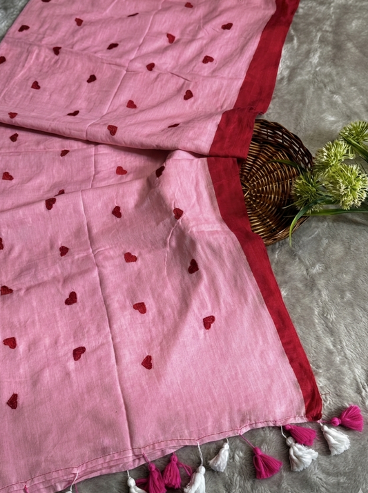 Pink Heart Embroidery Mul Cotton Saree