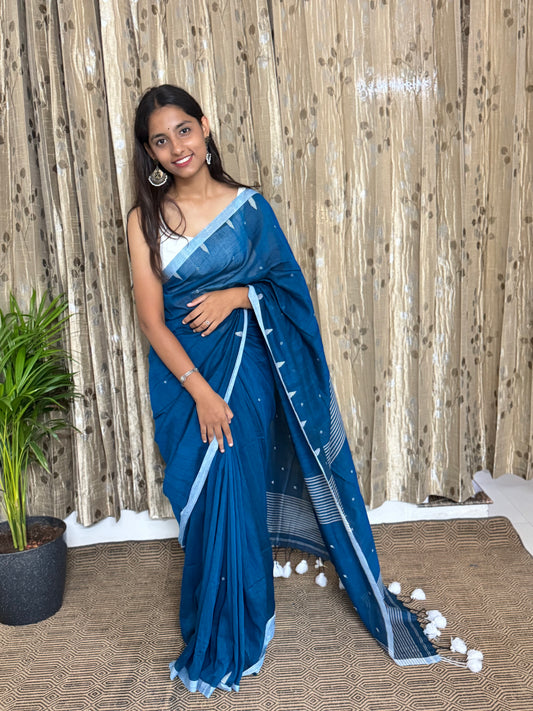 Blue Temple Border Handwoven Mul Cotton Saree (length)