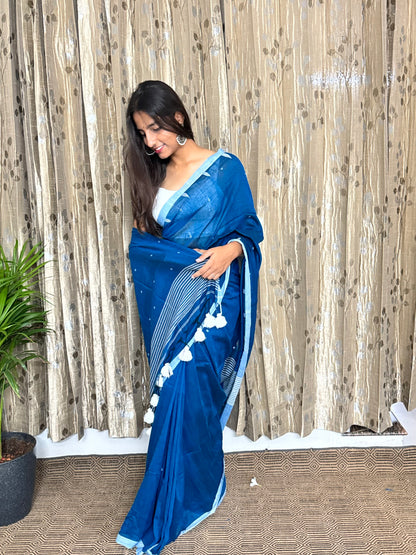 Blue Temple Border Handwoven Mul Cotton Saree (length)