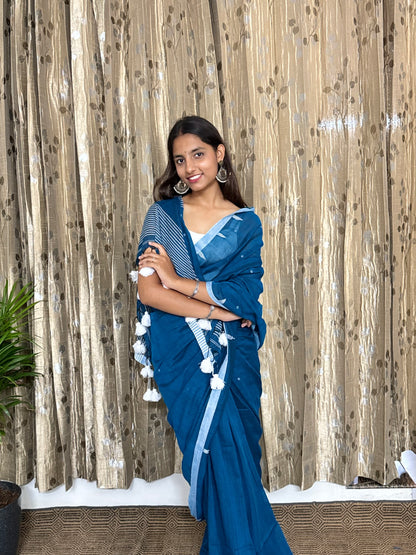 Blue Temple Border Handwoven Mul Cotton Saree (length)