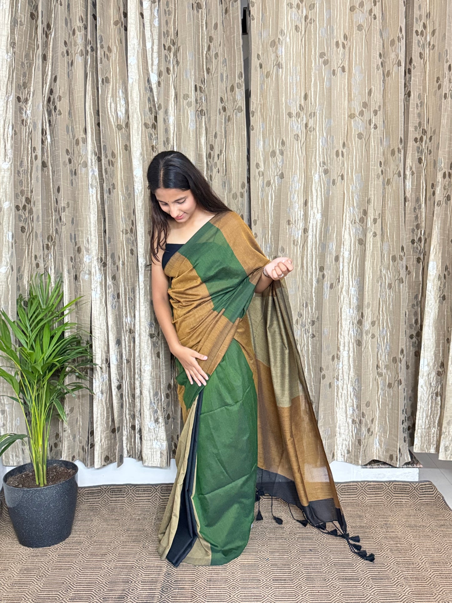 Brown and Green Cotton Saree (width)