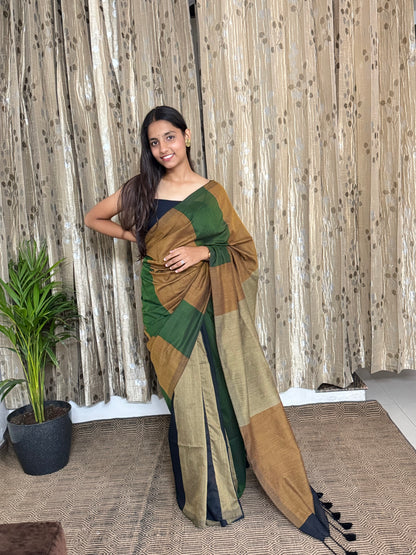 Brown and Green Cotton Saree (width)