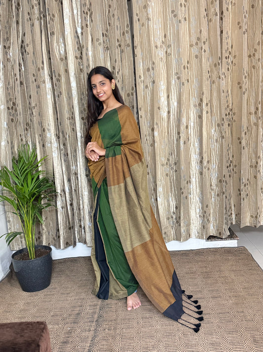 Brown and Green Cotton Saree (width)