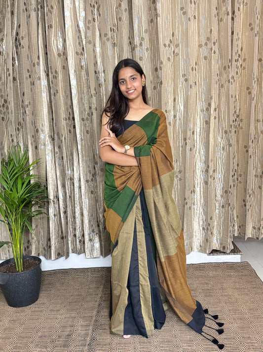 Brown and Green Cotton Saree (width)