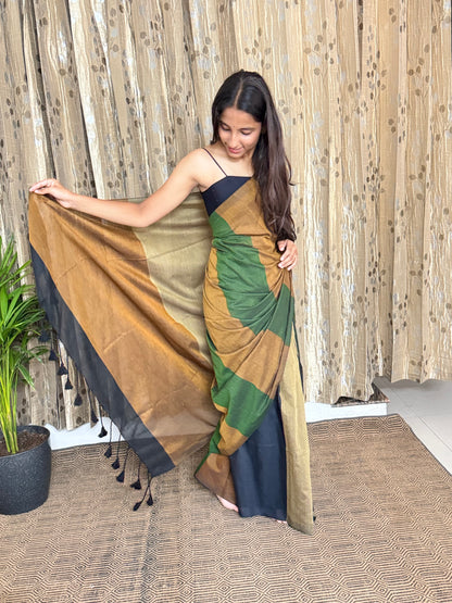 Brown and Green Cotton Saree (width)