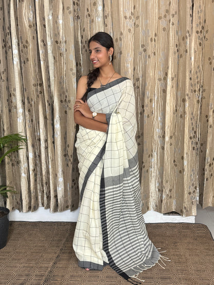 White and Black Checks Cotton Saree (width)