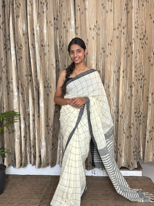 White and Black Checks Cotton Saree (width)