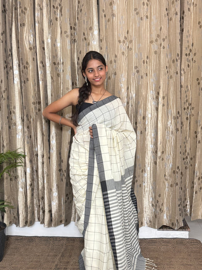 White and Black Checks Cotton Saree (width)