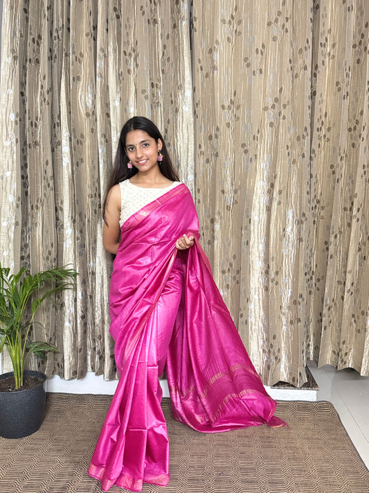 Pink Pure Tussar Moonga Silk Saree